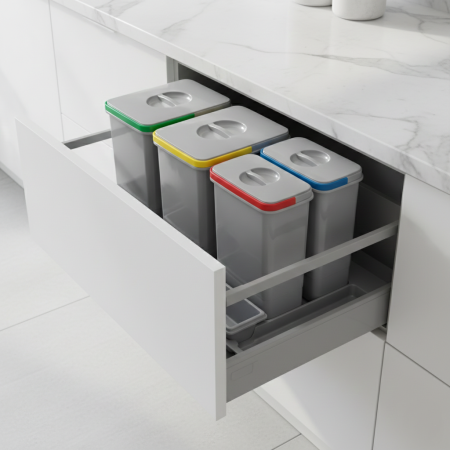 Cos de gunoi Praktico incorporabil in sertar, colectare selectiva, cu 4 recipiente, pentru corp de 900 mm latime [1]