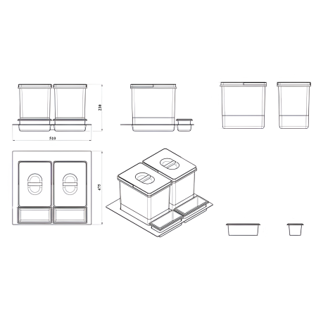 Cos de gunoi Praktico Orion incorporabil in sertar, colectare selectiva, cu 2 recipiente, pentru corp de 600 mm latime, H:230 mm [4]