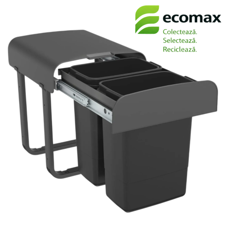 Coșuri de gunoi - Coș gunoi încorporabil Ecomax Aladin Jazz 40, cu extragere totală, colectare selectivă, gri antracit, 2 x 7 l