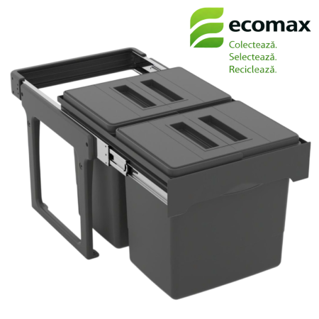 CASĂ ȘI GRĂDINĂ - Coș gunoi încorporabil Ecomax Ekko Easy Jazz 40, cu extragere totală, colectare selectivă, gri antracit, 2 x 15 l