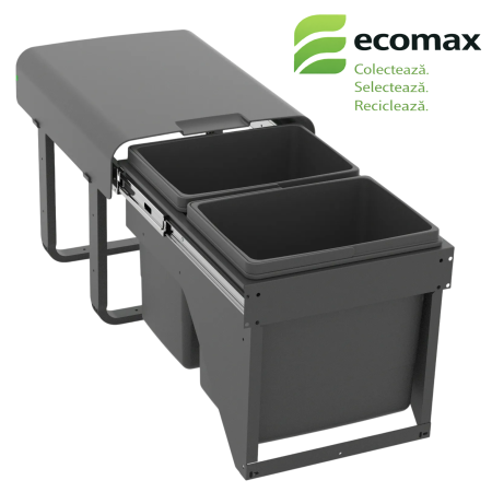 Coșuri de gunoi - Coș gunoi încorporabil Ecomax Ekko Front 40, cu extragere automata, colectare selectivă, gri antracit, 2 x 15 l