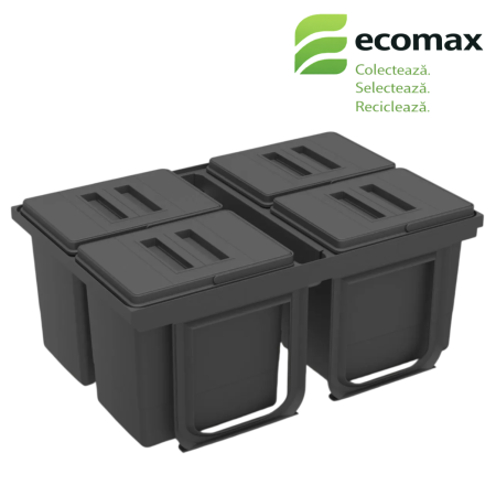 Birou - Coș gunoi încorporabil în sertar, Ecomax Jazz 75, colectare selectivă, gri antracit, 4 x 15 l + 1 x 3 l