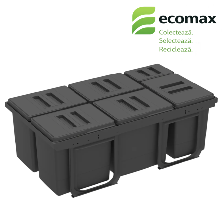 Birou - Coș gunoi încorporabil în sertar, Ecomax Jazz 90, colectare selectivă, gri antracit, 5 x 12 l + 1 x 5 l