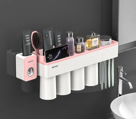 Dozator, dispenser pasta de dinti cu suport multifunctional magnetic pentru 4 pahare, 8 periute si suport telefon mobil de culoare roz cu alb [0]