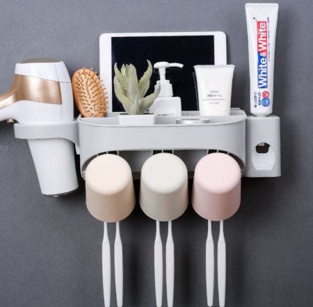 Dozator, dispenser pasta de dinti cu suport multifunctional pentru 3 pahare, 6 periute si uscator de par de culoare gri [0]