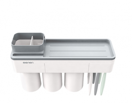 Dozator, dispenser pasta de dinti cu suport multifunctional magnetic pentru 3 pahare, 6 periute si suport telefon mobil de culoare gri cu alb [0]