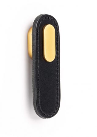 Moderne - Maner, buton Oblong din piele neagra pentru mobilier, cu ornament finisaj auriu periat, L:70 mm