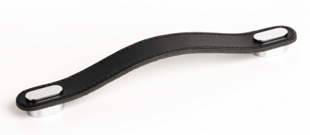 Manere si butoni - Maner Oblong din piele neagra pentru mobilier, cu ornament finisaj crom lucios, L 197 mm