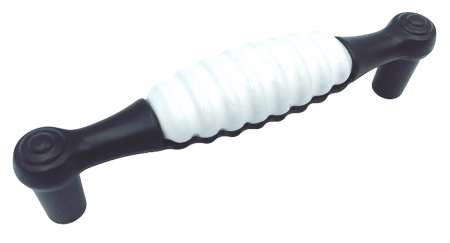 Cu portelan - Maner pentru mobila cu insertie ceramica striata, finisaj alb/negru, 96 mm