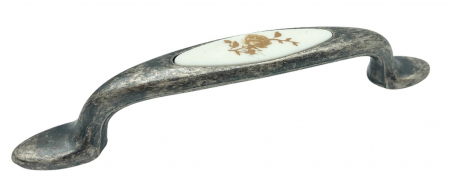 Clasice si vintage - Maner pentru mobila cu insertie rasina floare maro, finisaj argint oxidat, 96 mm