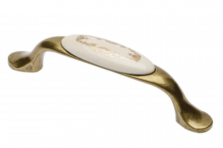 Cu portelan - Maner vintage Arch cu insertie ceramica, finisaj auriu antichizat GT, L:125 mm