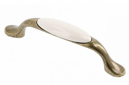 Cu portelan - Maner vintage cu insertie ceramica alba, finisaj auriu antichizat GT, L:125 mm