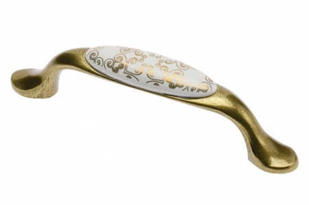 Cu portelan - Maner vintage cu insertie ceramica, finisaj auriu antichizat GT, L:125 mm