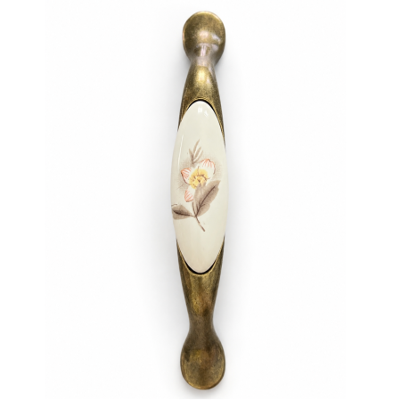 Maner vintage cu insertie ceramica floare cu frunza, finisaj auriu antichizat, L:125 mm [1]