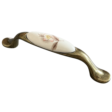 Mânere pentru mobilă - Maner vintage cu insertie ceramica floare cu frunza, finisaj auriu antichizat, L:125 mm
