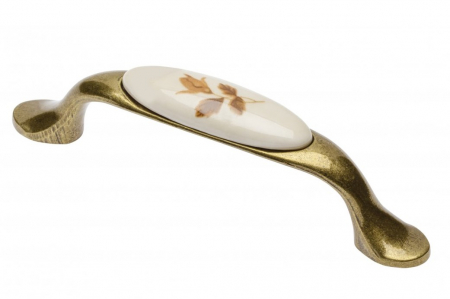 Cu portelan - Maner vintage cu insertie ceramica floare maro, finisaj auriu antichizat GT