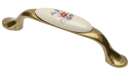 FERONERIE SI ACCESORII MOBILA - Maner vintage cu insertie ceramica floare roz, finisaj auriu antichizat GT, L:125 mm