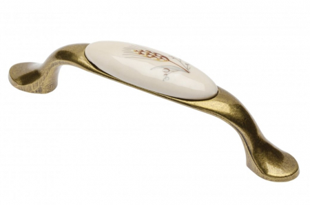 Cu portelan - Maner vintage cu insertie ceramica spic de grau, finisaj auriu antichizat GT