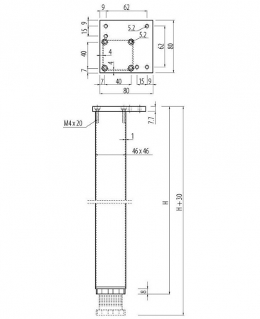 Picior din aluminiu cu profil patrat 46x46 mm, finisaj aluminiu, pentru masa, H:820 mm [2]