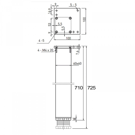 Picior cu profil patrat 60x60 mm, finisaj negru, pentru masa, H:710 mm [1]