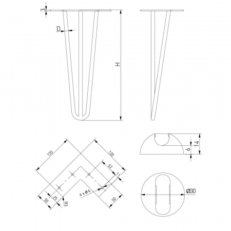 Picior de masa Arto cu 3 tije Ø12 mm, finisaj negru mat, H:304 mm, set 4 bucati [8]