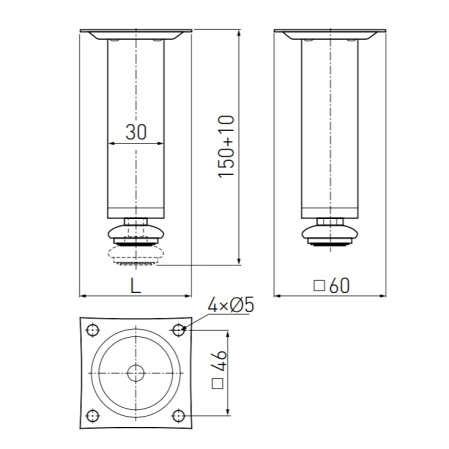 Picior pentru mobilă BD-150 GTV reglabil, cilindric, negru mat, H: 150 mm [5]
