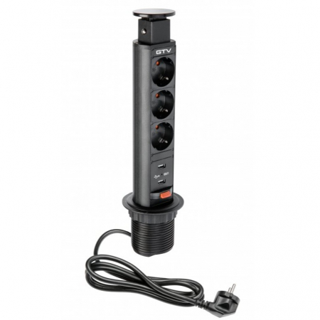 Sisteme prize incorporabile in mobila - Priza incorporabila elevator GTV, D:60 mm, cu 3 prize Schuko si 2 porturi incarcare USB tip A, finisaj negru