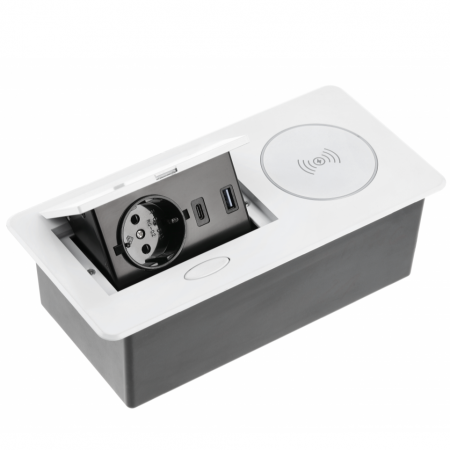 Prize incorporabile in blat - Priza incorporabila in blat Avaro Plus, cu incarcator wireless, o priza Schuko si port incarcare USB A+C, finisaj alb