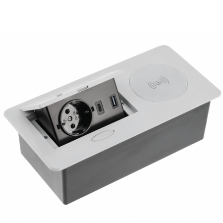 Prize incorporabile in blat - Priza incorporabila in blat Avaro Plus, cu incarcator wireless, o priza Schuko si port incarcare USB A+C, finisaj aluminiu