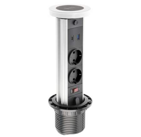 Prize incorporabile in blat - Priza incorporabila in blat Camino, cu incarcator wireless, 2 prize Schuko si 1 port incarcare USB tip A+C, finisaj alb