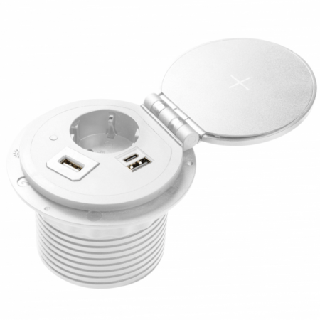 Prize incorporabile in blat - Priza incorporabila in blat Charger Plus, cu o priza Schuko, incarcator wireless si porturi incarcare interschimbabile USB tip A+C, HDMI, RJ45, finisaj alb