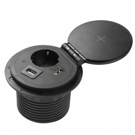 Prize incorporabile in blat - Priza incorporabila in blat Charger Plus, cu o priza Schuko, incarcator wireless si porturi incarcare interschimbabile USB tip A+C, HDMI, RJ45, finisaj negru