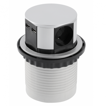 Sisteme prize incorporabile in mobila - Priza incorporabila in blat Comfort, cu 3 prize Schuko si 2 porturi incarcare USB tip A, finisaj aluminiu