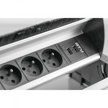 Priza incorporabila in blat dreptunghiulara cu perii, 3 prize Schuko si 2 porturi incarcare USB tip A, finisaj aluminiu [3]