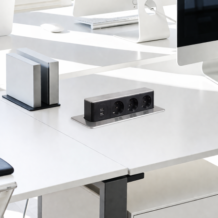 Priză încorporabilă în blat Design Light Hop Box, 3 prize Schuko, USB A + C, oțel inoxidabil periat / negru, 273 x 93 mm [3]