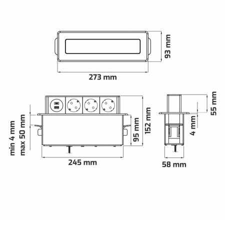 Priză încorporabilă în blat Design Light Hop Box, 3 prize Schuko, USB A + C, oțel inoxidabil periat / negru, 273 x 93 mm [5]