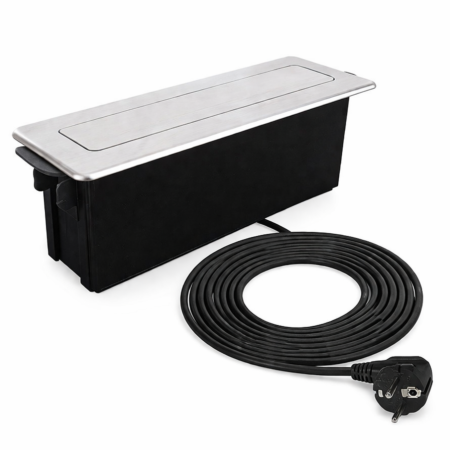 Priză încorporabilă în blat Design Light Hop Box, 3 prize Schuko, USB A + C, oțel inoxidabil periat / negru, 273 x 93 mm [1]