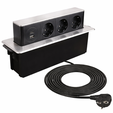 Prize încorporabile - Priză încorporabilă în blat Design Light Hop Box, 3 prize Schuko, USB A + C, oțel inoxidabil periat / negru, 273 x 93 mm