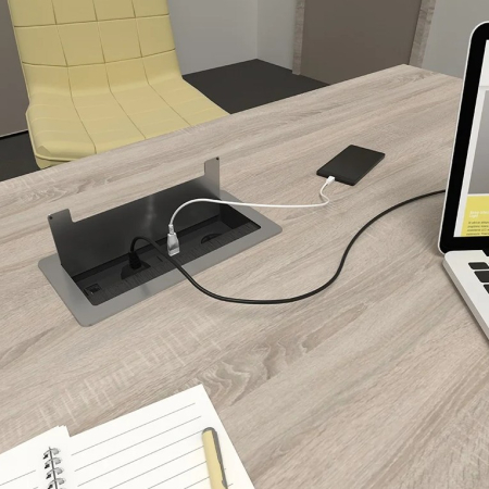 Priză încorporabilă în blat Design Light Inbox, 2 prize Schuko, 2 x USB A, HDMI, RJ45, argintiu periat, 271 x 136 mm [5]