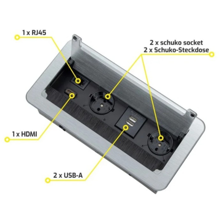Priză încorporabilă în blat Design Light Inbox, 2 prize Schuko, 2 x USB A, HDMI, RJ45, argintiu periat, 271 x 136 mm [3]