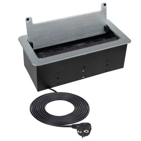 Prize încorporabile - Priză încorporabilă în blat Design Light Inbox, 2 prize Schuko, 2 x USB A, HDMI, RJ45, argintiu periat, 271 x 136 mm