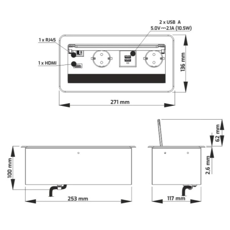 Priză încorporabilă în blat Design Light Inbox, 2 prize Schuko, 2 x USB A, HDMI, RJ45, argintiu periat, 271 x 136 mm [4]