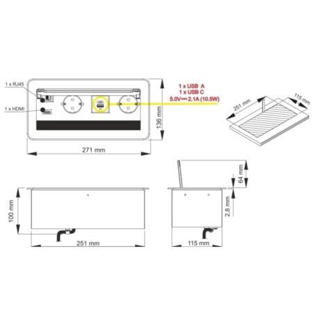 Priză încorporabilă în blat Design Light Inbox, 2 prize Schuko, USB A + C, HDMI, RJ45, negru, 271 x 136 mm [5]