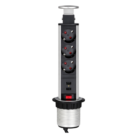 Prize încorporabile - Priză încorporabilă în blat Design Light Lift Box, 3 prize Schuko, 2 porturi USB, inox, 71 x 328 mm