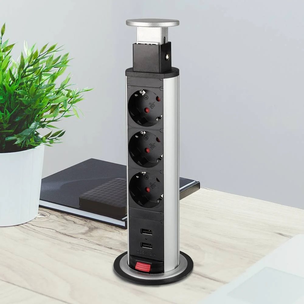 Priză încorporabilă în blat Design Light Lift Box, 3 prize Schuko, 2 porturi USB, inox, 71 x 328 mm [3]