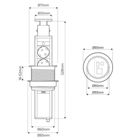 Priză încorporabilă în blat Design Light Lift Box, 3 prize Schuko, 2 porturi USB, inox, 71 x 328 mm [2]