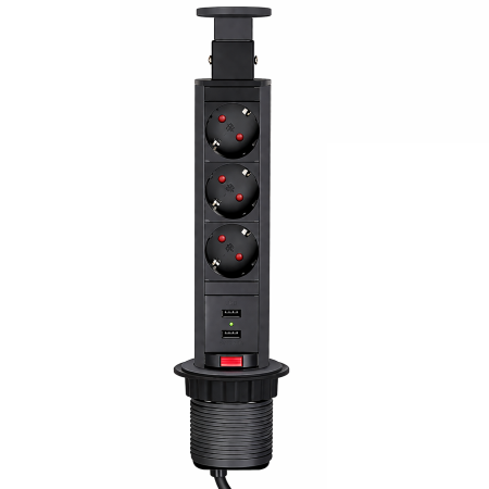 Priză încorporabilă în blat Design Light Lift Box, 3 prize Schuko, 2 porturi USB, negru, 71 x 328 mm [0]