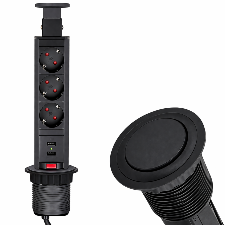 Priză încorporabilă în blat Design Light Lift Box, 3 prize Schuko, 2 porturi USB, negru, 71 x 328 mm [1]