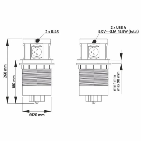 Priză încorporabilă în blat Design Light Multi Box, 4 prize Schuko, USB A + C, 2 x RJ45, încărcător wireless, negru, 268 x 120 mm [4]