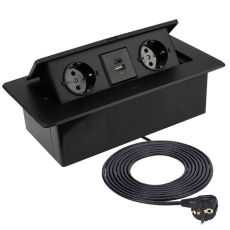 Prize incorporabile in blat - Priza incorporabila in blat dreptunghiulara Kombibox, finisaj negru, 2 prize Schuko, 2 x USB A+C si incarcator incorporat, 266x133 cm